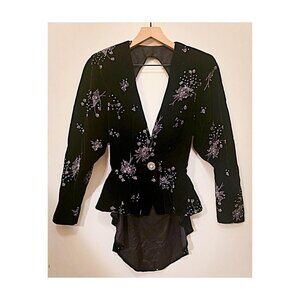 Vintage Climax by Karen Okada Velvet Beaded Peplum Top • Dramatic Plunge